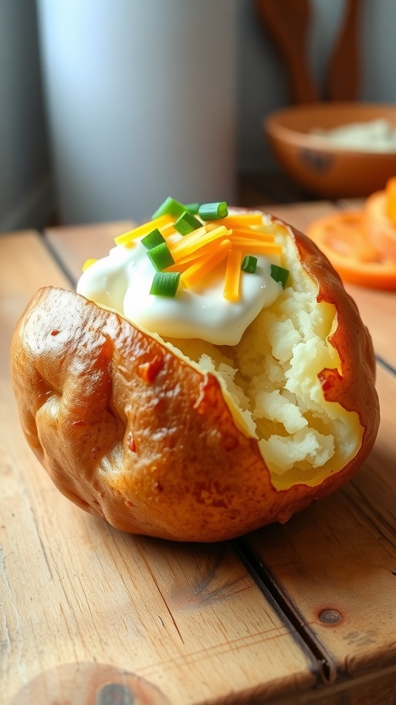A baked potato topped with sour cream, cheese, and chives on a wooden table.